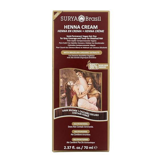 Surya Brasil - Semi Permanent Natural Henna Cream for Gray Hair Coverage and Deep Conditioning, Dark Brown, 2.37 oz / 70 ml