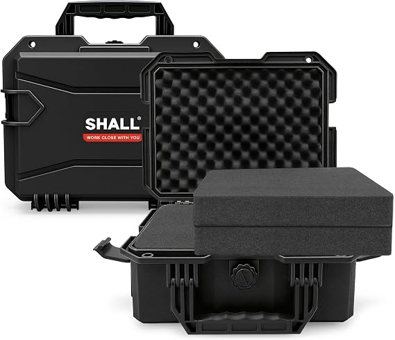 Shall Hard Protective Case L Size, Waterproof Dustproof Shockproof Flight Case with Custom Foam Insert, Pelican case for Camera Tool Electronics Instrument,Black, 13.78 x 11.42 x 5.91 inches