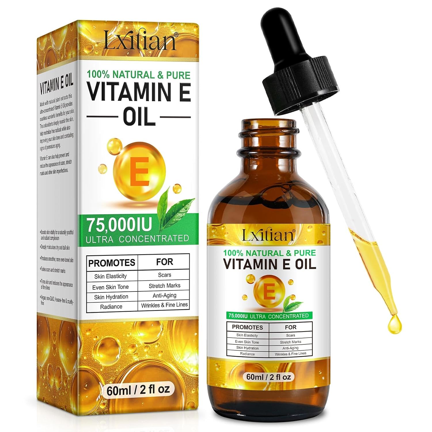 Organic Vitamin E Oil for Cosmetics Vitamin E Drops 75000 IU 100% Pure Natural Vitamin E Oil for Skin Fights Scars Wrinkles and Stretch Marks Moisturises and Tightens the Skin