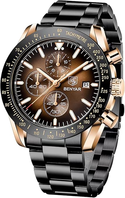 BENYAR Mens Watches Quartz Movement Chronograph Leather Strap Fashion Business Sport Design 30M Waterproof Scratch Resistant Elegant Gifts for Men