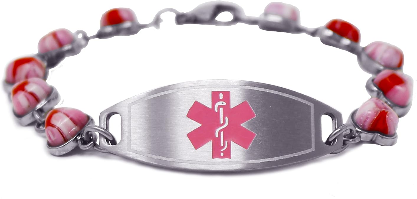 Womens Medical ID Bracelet with Engraving - 1.2cm Steel & Glass Hearts