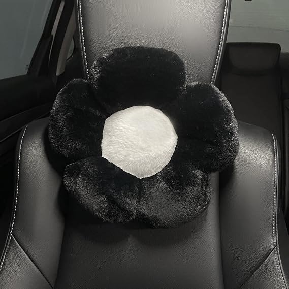 Flower Car Headrest Pillow Fuzzy, Black White,Neck Support Cushion for Driving 1 PCS