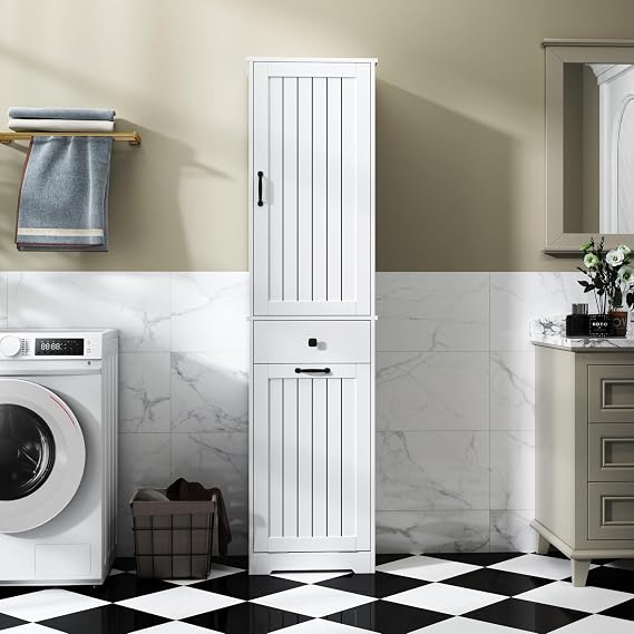 White Laundry Cabinet with Storage - 1 Storage Cabinet, 1 Drawer, Ideal for Organizing Laundry Area
