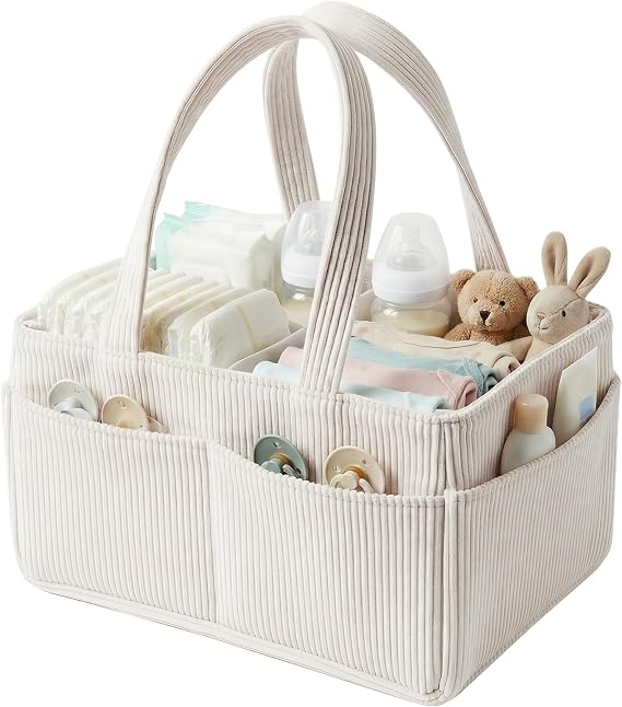 Baby Nappy Caddy Organiser Portable Corduroy Nursery Diaper Storage Basket with Handle Newborn Essentials Baby Shower Gifts for Boys Girls Diaper Changing 37x23x20cm