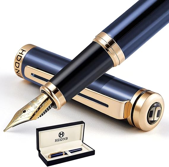 Blue Luxury Fountain Pen Set for Men and Women with Gift Box, 24K Gold Finish and Gilded Nib(Extra Fine) with 5 Black Ink Cartridges and Converter