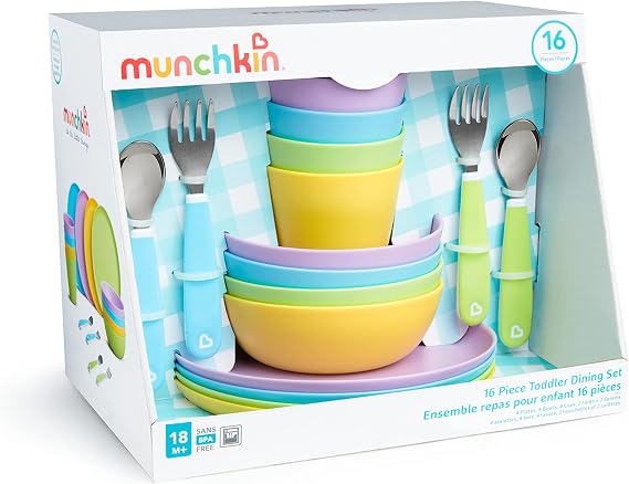 Munchkin 16pc Baby and Toddler Feeding Supplies Set - Includes Plates, Bowls, Cups and Utensils