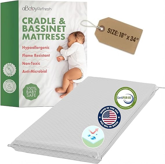 Cradle Baby Mattress and Bassinet Mattress 18x34 2-Inch Firm Foam Baby Bed with Waterproof Vinyl Cover Non-Toxic Hypoallergenic Cushion Pad Replacement for Infant Bed (Multiple Standard Sizes)