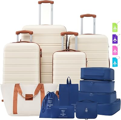 Merax Luggage Sets 13 Piece Suitcase Set 16202428 IN,Carry on Luggage and Travel Bag TSA Lock Expandable,Hard Case Luggage with Spinner Wheels,White and Brown