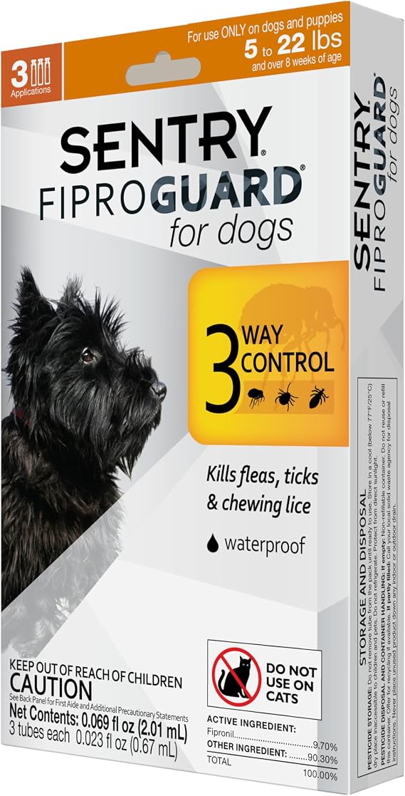 Sentry Fiproguard for Dogs, Flea and Tick Prevention for Dogs (5-22 Pounds), Includes 3 Month Supply of Topical Flea Treatments | Ideal for Small Dogs 5-22 lbs; Kills Fleas, Ticks & Chewing Lice for 30 Days; 8 weeks+; Vet-Quality OTC Formula