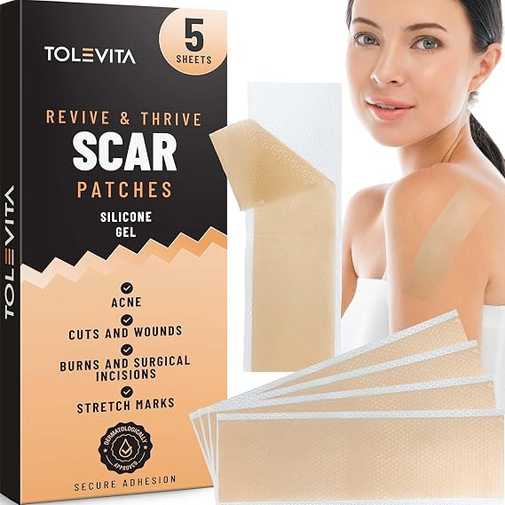 TOLEVITA Silicone Scar Patches Silicone Gel Sheets for Scars, Acne, Surgery, Keloid, Scar Removal and Stretch Marks Gentle Scar Care & Fading - 5 Sheets