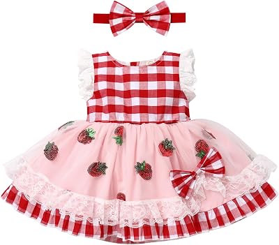 IDOPIP Baby Girls Gingham Tutu Dress Sequin Strawberry Cow Print Princess Birthday Party Dresses with Headband 2PCS Outfit