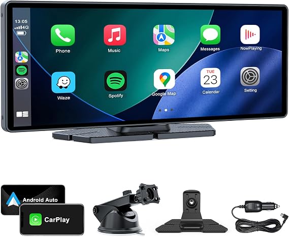 10" Wireless CarPlay Screen for Car Android Auto Portable Car Stereo Touch Screen AirPlay, Car Play, GPS Navigation, Bluetooth, Voice Control, Mirror Link