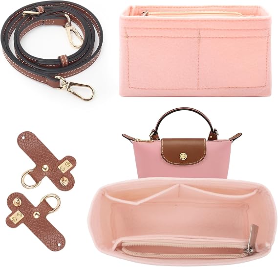 Longchamp Mini Çanta için 2 Adet Omuz Askısı ve Organizatör Seti, Deliksiz Ayarlanabilir Toka Tasarımlı Omuz Askısı Çoklu Cepli Keçe Çanta Organizatörü Longchamp Çantası için (Pembe Mini)