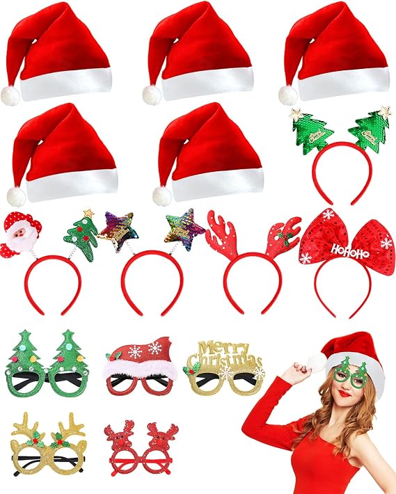 Unistylar Christmas Headwear Headbands and Glasses Set, Christmas Party Favors, Eyeglasses Headpieces Santa Hats Accessories
