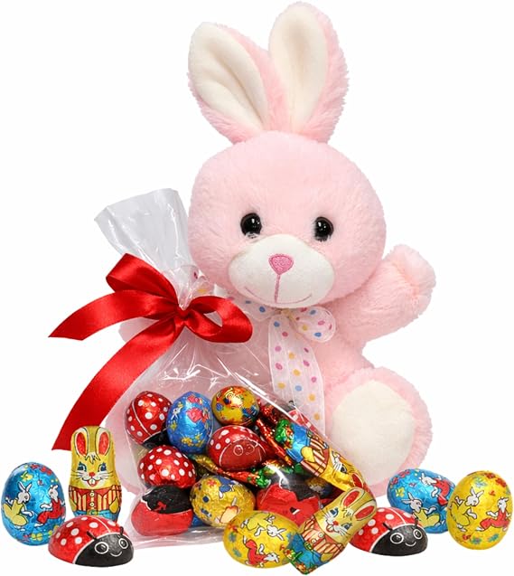 Easter Bunny & Chocolates for Easter Gifts - Pink Soft Bunny Toy 27cm with 150g Milk Chocolate Ladybugs, Mini Eggs with Hazelnut Pralines. Great Gifts for Kids, Egg Hunt