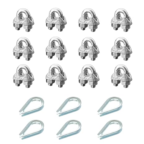 Wire Rope Clamps, M6 Galvanized Clips and Thimbles for 1/4" Steel Cable, 12Pcs Heavy Duty Steel Cable Clamps and 6Pcs Thimbles for Home, Industry and Outdoor Use
