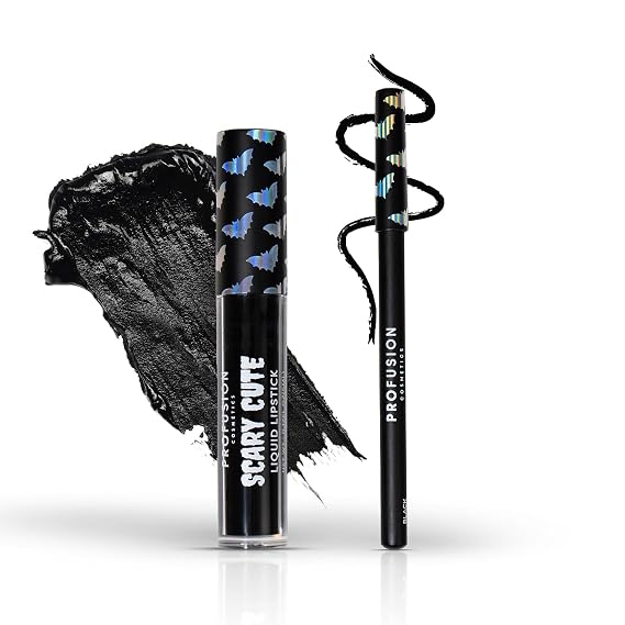 Profusion Cosmetics Scary Cute 2PC Matte Black Lip Liner and Liquid Lipstick Set, Highly Pigmented Bold Matte Lip Kit for Festival Looks, Long-Lasting, Smudge-Proof Lip Makeup Kit