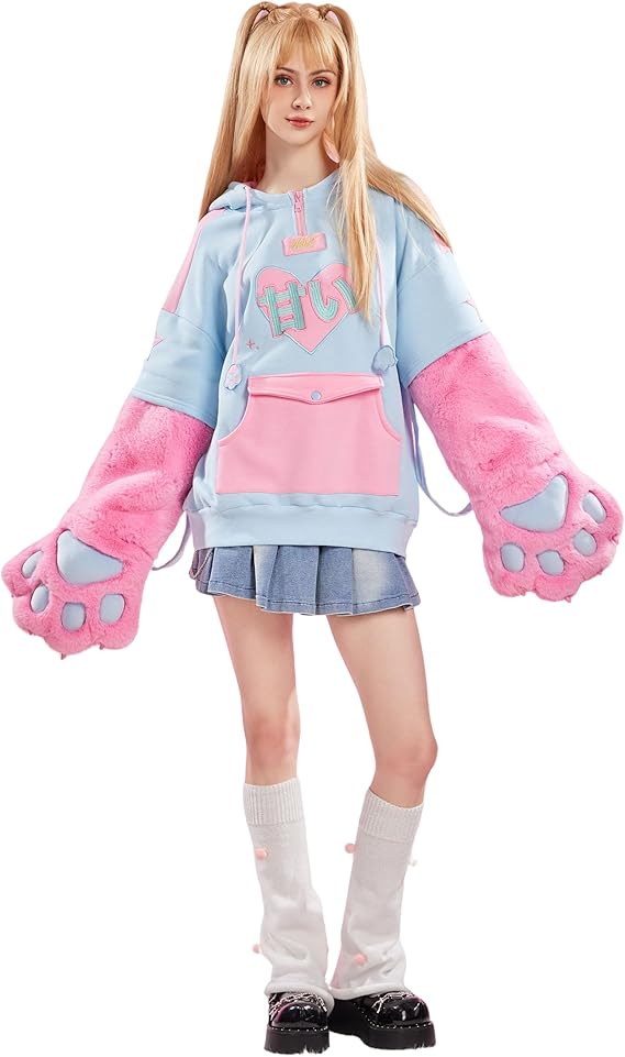 Winx Club Women's Pullover Hoodie with Detachable Furry Cat Paw Gloves and Handbag Dual-purpose Designed Sleeve