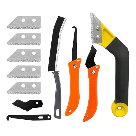 11 Pcs Grout Removal Tool Kit, Grout Remover with 7 Extra Replaceable Accessories,2 Hand Saw Angled Grout Rake & 1 Cleaning Brush, Tile Grout Remover for Bathroom Kitchen Floor Tile Joint Repair 