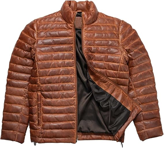 Zulin Mens Brown Puffer Leather Jacket - Brown Dristressed Down Puffer Genuine Leather Jacket