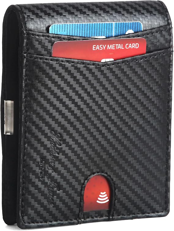 Men’s Wallets Slim RFID Blocking Carbon Fiber Leather Wallets Men’s with up to Credit Card Holder, Strong Money Clip & ID Window Minimalist Bi-Fold Wallets for Men UK with Gift Box (Black)