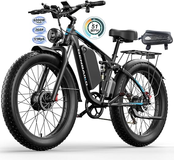 Electric Bike for Adults 51MPH Fast Dual Motor Ebike 36Ah 52V | 6000W Peak Full Suspension 26" Fat Tire E Bikes for Men with Hydraulic Brake 130 Miles Electric Bicycle