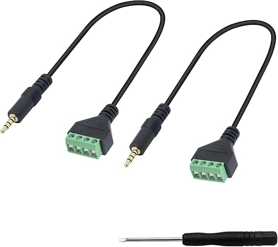 XMSJSIY 3.5mm Terminal Block Cable, 1/8 Inch TRRS Stereo Solderless Screw Terminal Speaker Wire 3.5mm 4 Pole Male to 4Pin Bolt Headphone Balum Patch Cord (2 Pack-32CM)