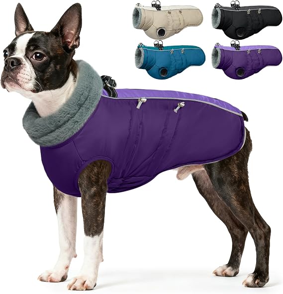 IDOMIK Warm Dog Coat with Harness, Waterproof Reflective Dog Jackets for Small Dogs, High Collar Winter Fleece Jacket Vest with Back Zipper, Pet Winter Coats Clothes for Cold Weather,Purple S