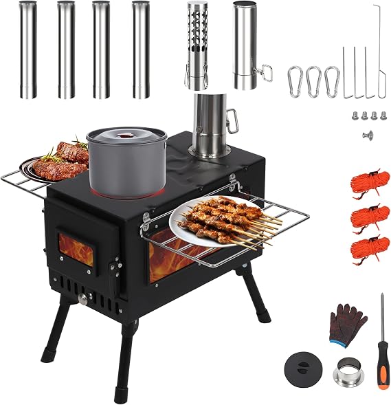 REDCAMP Hot Tent Stove with Side Window, Portable Wood Burning，Black | Side Window, Chimney Pipes, Gloves, Windproof Ropes, Foldable Log Burner，for Outdoor Camping Picnic Garden Cooking Heating