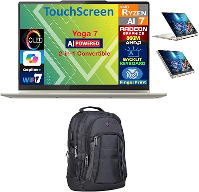 Lenovo Yoga 7 AI Powered 2-in-1 Laptop 14.0 Touchscreen OLED WUXGA Display AMD Ryzen AI 7 350, 16GB LPDDR5X, 2TB M.2 PCIe SSD, Backlit KB, Fingerprint, WiFi 7, Win 11 Home wPremium Backpack
