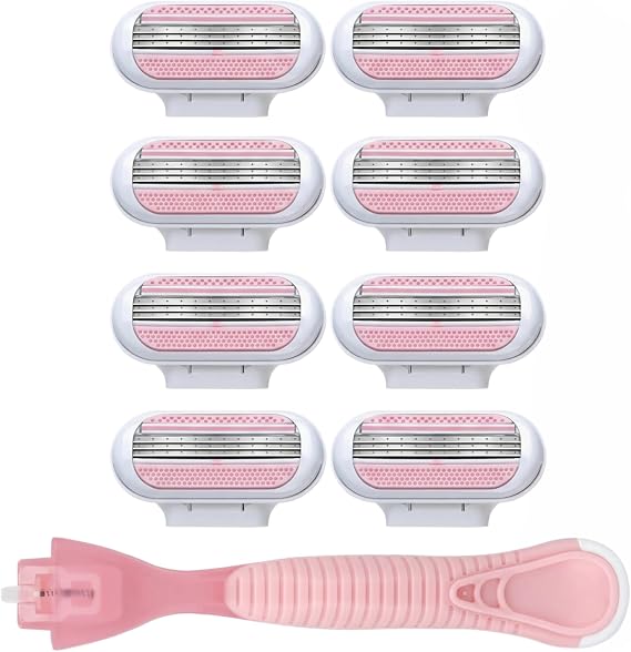 8 PCS Replacement Razor Blades Refills for Gillette Venus 1 PC Handle Women Razor Set 3 Layer Blade Pivoting Head Extra Smooth Shaving Body Leg Armpit Hair Removal Washable (Pink)