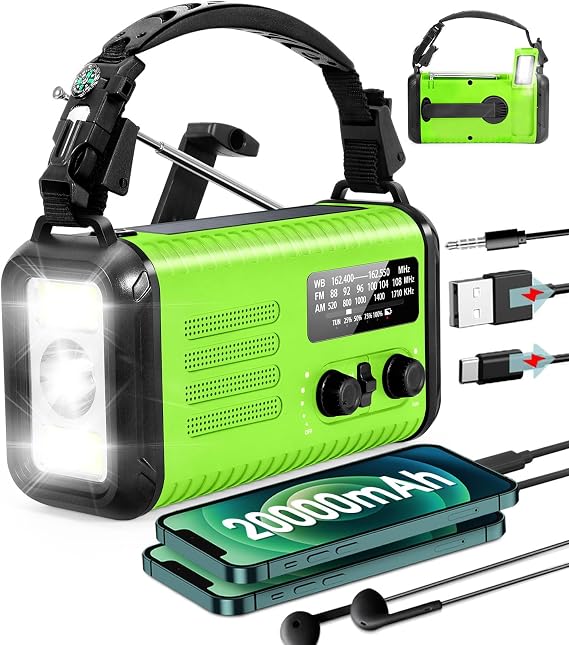 20000mAh/ 74000mWh緊急ハンドクランクラジオ、AM/FM/NOAAポータブルウェザーラジオ、USB電話充電器、読書ランプ懐中電灯&SOS付きバッテリー駆動ソーラーラジオ、緊急/ハリケーン/自宅用