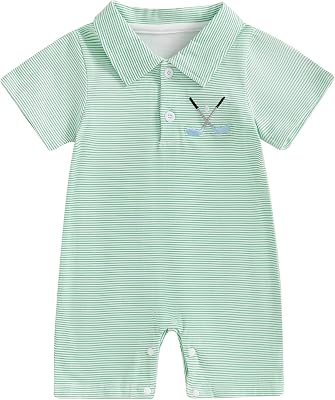 Gueuusu Newborn Baby Boy Golf Outfit Short Sleeve Golf Embroidery Collared Romper Button Lapel One Piece Summer Outfit