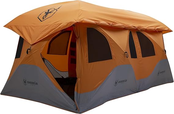 Gazelle TentsTM, T8 Hub Tent, Easy 90 Second Set-Up, Waterproof, UV Resistant, Removable Floor, Ample Storage Options, 8-Person, Sunset Orange, 78" x 94" x 165", GT800SS