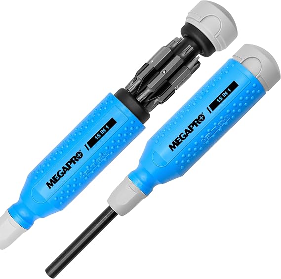 MEGAPRO 15-in-1 Original Multi-bit Screwdriver | Home DIY & Repair | Construction | Tradeswork | 14 Industrial-grade bit tips | 1/4" Hex Drive in shaft (Original NAS Light Blue/Grey)