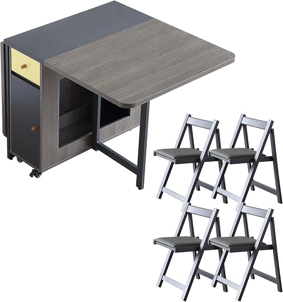Space Saving Folding Dining Table with 4 Chairs, Wood Extendable Drop Leaf Dining Table with 4 Wheels, 2 Drawers and Storage Rack for Kitchen, Dining Room, Grey
