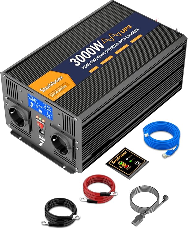 UPS 3000 W Converter 12 V 220 V Pure Sine Wave Inverter Transformer with 30 A Charger 2 EU Sockets 5 m Remote Control and LCD Screen for Home Emergency Call Outdoor Travel (3000W12V)