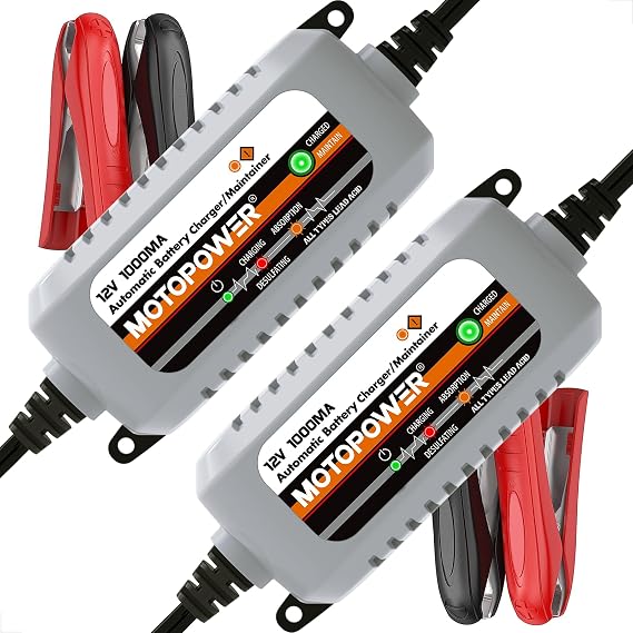MOTOPOWER MP00205B 12V 1000mA Automatic Battery Charger, Battery Maintainer, Trickle Charger, and Battery Desulfator with Timer Protection - Grey, 2 Pack