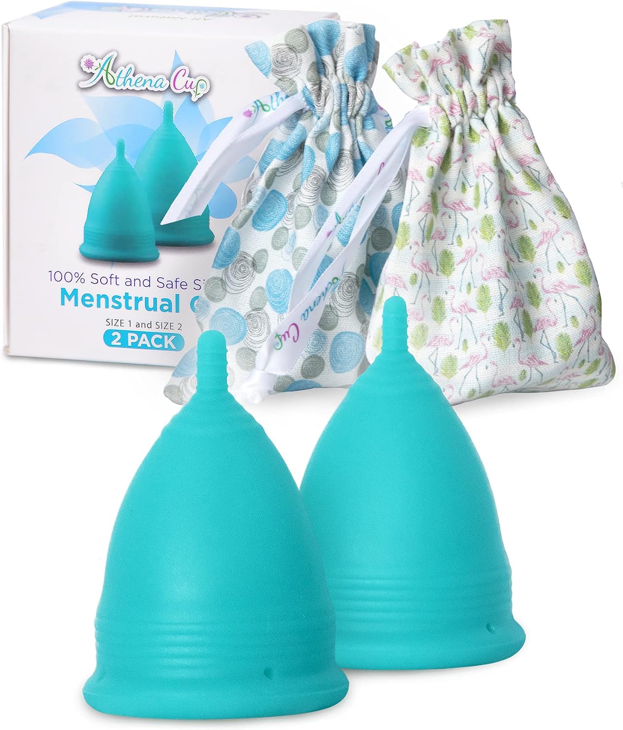 Menstrual Cups Set 2 Pack - Large and Small - Premium Reusable Period Cup Set for Regular and Heavy Flow - Insert Easier with The Athena Form Fit Rim - Solid Blue Size 1 and 2 - by Athena Cup