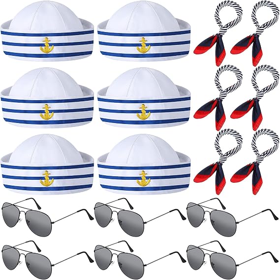 Hercicy 18 Pieces Sailor Costume Accessories Sailor Hat and Scarf Sunglasses Navy Blue with White Nautical Cap Satin Scarf Polarized Sunglasses for Women Men Costume Accessory Dressing up Party