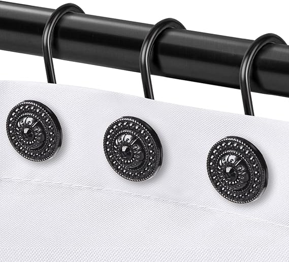 Black Shower Curtain Hooks, Rust Proof Decorative Shower Curtain Rings for Bathroom, Shower Curtain Hooks for Shower Liner, 12Pcs | Rustproof Zinc Alloy,4mm wire holds 50lb,5-layer anti-rust coating,Smooth Glide, Easy Install,For Bathroom,12Pcs