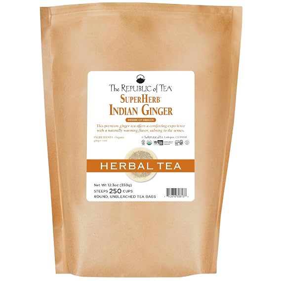 The Republic of Tea Organic Indian Ginger SuperHerb Tea Bulk Bag, 250 Herbal Tea Bags, Naturally Caffeine-Free Herbs of Origin