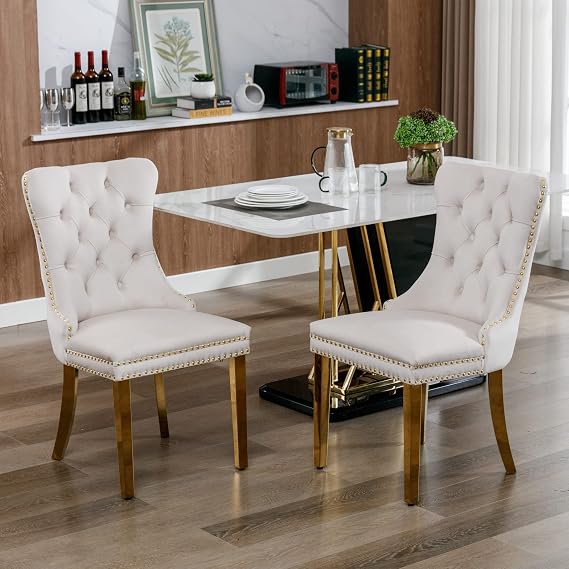 Set of 2 Solid Wood Contemporary Velvet Upholstered Dining Chair with Golden Stainless Steel Plating Legs,Distinction W/Nailhead Trim,for Living Romm,Apartment,Beige and Gold