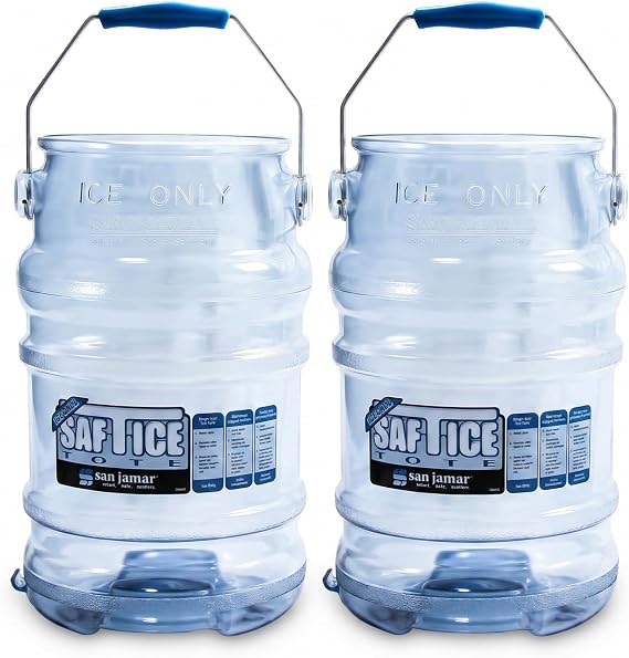San Jamar Saf-T-Ice Plastic Ice Tote, Ice Bucket with Drying and Storage Hook for Restaurants, Bars, Catering Events, Buffets, 6 Gallons, Blue