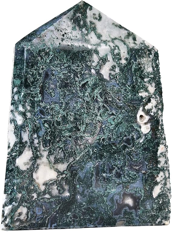 AMOYSTONE Extra Large Healing Crystal Obelisk Point Moss Agate Slab for Home Decor Reiki Healing 2.8-3.3 LBS