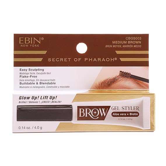 EBIN NEW YORK Secret of Pharaoh Brow Gel Styler in Medium Brown - Water Resistant, Long Lasting Eyebrow Gel for Natural Makeup Look, Great for Lift-Up Styling, Biotin and Aloe Vera Infused