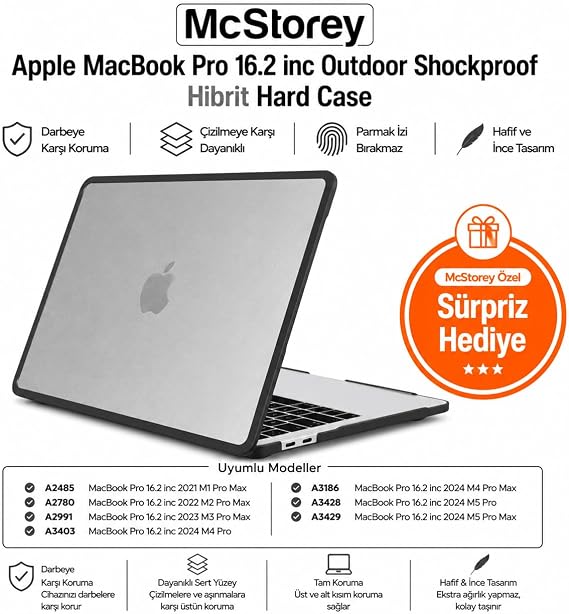 McStorey MacBook Pro 16.2 İnç Kılıf A2485 A2780 A2991 A3403 A3186 A3428 A3429 Uyumlu Rugged Armor Shockproof TPU Bumper Sert Kapak Darbe Korumalı Hard Case Şeffaf