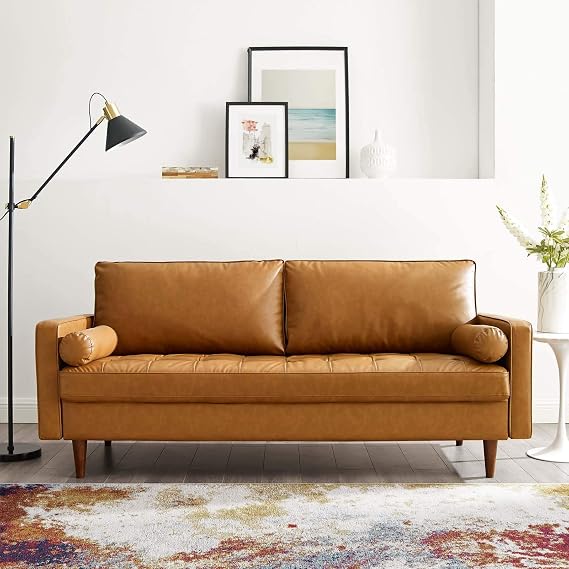 Modway EEI-3765-TAN Valour Upholstered Faux Leather Sofa, Tan
