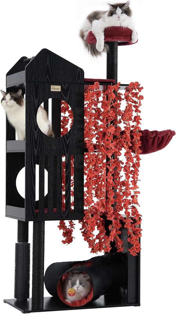 FourFurPets Gothic Cat Tree with Leaves, 67" Tall Cat Tower, Anti-tip Kit