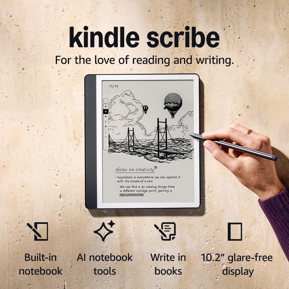 Amazon Kindle Scribe (64 GB) – Redesigned display with uniform borders. Now write directly on books and documents. With built-in notebook summarisation. Includes Premium Pen – Tungsten Grey